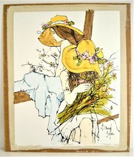 Bernard Dufour. Acrylique sur toile 1975. Jeunes filles préparant un bouquet.