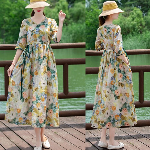 Robe longue lin femme motif - robe,