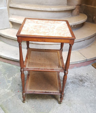 Petite table d'appoint à roulettes, cannage, plateau marbre, meuble d'appoint