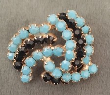 Ancienne Broche Art Deco doré strass noir et bleu turquoise Années 50