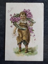 CP ILLUSTREE ENFANT LETTRE PORTE FER CHEVAL VIOLETTES FLEURS - 55684