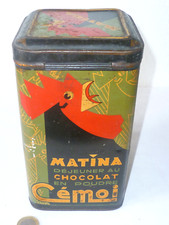 ANCIENNE BOITE TÔLE LITHOGRAPHIÉE MATINA CHOCOLAT EN POUDRE CÉMOI