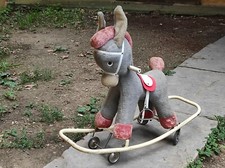 Cheval à bascule et à roulettes - Peluche laine 1950 Rare Superbe Jouet ancien