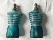 2 FLACONS VIDES JEAN PAUL GAULTIER VERRE DEPOLI BLEU RAYURES MARINIERE 125 ml