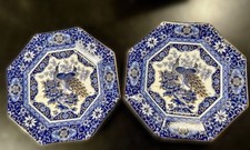 LOT DE 2 ANCIENNES ASSIETTES BLEUES OCTOGONALES JAPONAISES MOTIF PAON