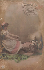 CP ORANOTYPIE FEMME ELEGANTE ATTELAGE ANE PANIER CHAMPAGNE TREFLES - 41311
