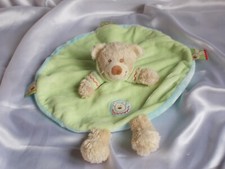 Ancien doudou ours rond, vert, étiquettes, écusson cousu, dos bleu, Nicotoy