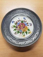 Assiette rétro artisanale murale faïence et étain peint à la main  ALLEMAGNE