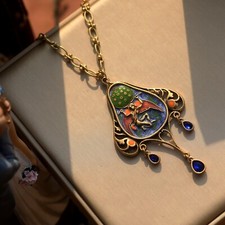 Collier Long Sautoir Pendentif Doré Homme Nature Email Vert Bleu Art Nouveau EH6