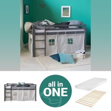 Cadre de Lit superposé d'enfant 90x200 Mezzanine Gris Matelas Rideau Homestyle4u
