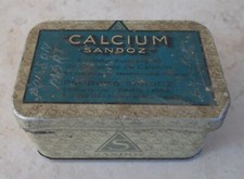 Vintage drugs tin box CALCIUM SANDOZ antique medical France blue green french