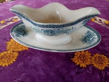 Saucière sur Plateau ancienne Faience Longwy Modèle Louise Déco Floral Bleu Gris