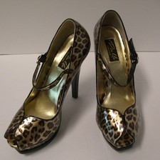 Pin Up Couture Pleasure Peep Toe Heels Size 7  Cheetah Gold Patent Pinup 