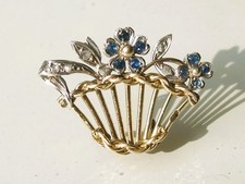 BEAU PETIT BIJOU DE SAC ANCIEN / PANIER FLEURI OR 18K / ARGENT DIAMANT SAPHIR