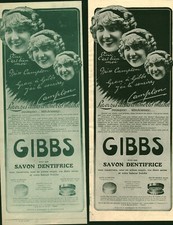 Publicités anciennes aux choix savon dentifrice Gibbs 1915 issues de magazine