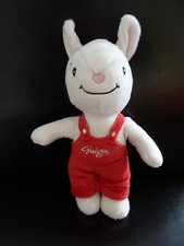 *. DOUDOU PELUCHE GUIGOZ LAPIN BLANC ECRU SALOPETTE ROUGE ETAT NEUF*
