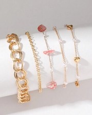 5x Bracelet Pierre Rose Femme Fin Doré Or Ensemble Lot De Chaîne De Bijoux