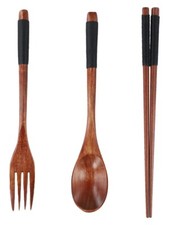 3PCS en Bois Flatware Set Portable Set Baguettes Cuillère Fourchette Vaisselle