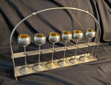 6 Verres à Liqueur à pieds, Métal Argenté, Art Déco, Support Panier Inox