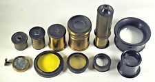 LOT D'ANCIENS OBJECTIFS OCULAIRE ACCESSOIRES pour MICROSCOPE + 2 LOUPES fin XIXè