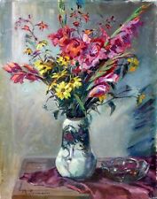 Tableau Ancien Fleurs Superbe Bouquet Glaïeuls Alice SOMMER Allemagne 63,5/ 51 c