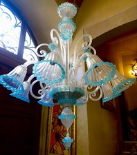 lustre Barovier&Toso opalin et turquoise, Murano, Venise, 8 lumières