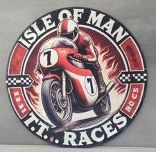 Plaque métal vintage Isle Of man Races 20x20 ronde Neuve