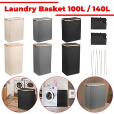 Panier à Linge avec Couvercle Bambou Grand Lavage Rangement Poubelle 100L 140L