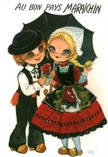 Carte postale fantaisie au bon pays maraîchin costume brodée tissu