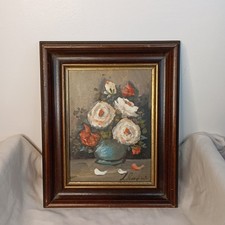 Tableau vintage nature morte signé – Bouquet de fleurs dans un vase