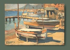 Tableau Roger Vuillem Huile Marine Bteaux Port de Cannes 1950