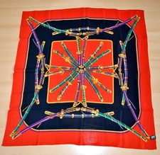 Foulard Carré de soie vintage - décor de sabres KATANA en rouge et bleu marine