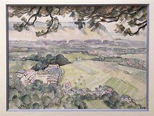 Rageade André aquarelle et encre signée paysage campagne village vallon France