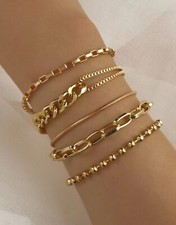 5x Bracelet Doré Or Femme Lot Bijoux Manchette Multi Rang Jaune Chaîne +Cadeau