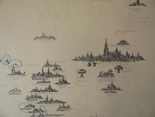 Alsatica Suite de 5 dessins esquisses encre Topographie Carte Région Alsace