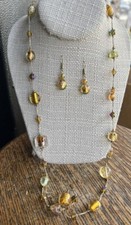 Vintage Murano Verre Moucheté Doré Fleurs Cristal Perle Collier Fil Earrings Set