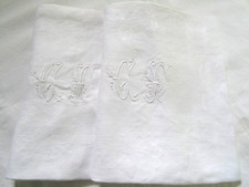 French set of 2 white cotton table linens damask unique  monogramed   vintage