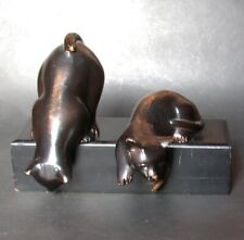 CHATS 2 statuettes en BRONZE sur socle bois CHATON MINOU MINET MATOU FELIN MIAOU