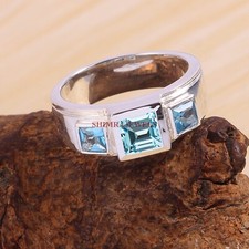 Naturel Bleu Gemme Topaze Avec 18K Blanc Argent Plaqué Or Homme Bague #1880