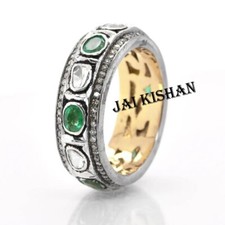 Émeraude Naturel Gemme Polki Diamant Pavé 925 Argent Sterling Victorien Bague