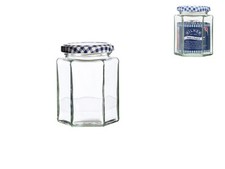 Bocal En Verre Transparent Hexagonal Avec Couvercle À Vis Bleu Et Blanc, 280Ml