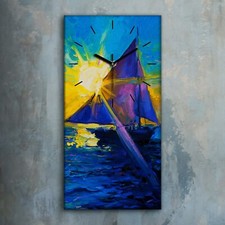 Horloge murale sur toile 30x60 eau voiles bateau soleil lever de soleil