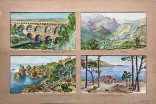 Tableau lot 4 Aquarelles Carnet de route Gar 1936
