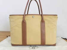 Sac Hermes garden party toile et cuir jaune or - Bon état