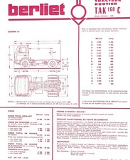 BERLIET / TAK 160 CB / TRACTEUR ROUTIER / FICHE TECHNIQUE de 1970