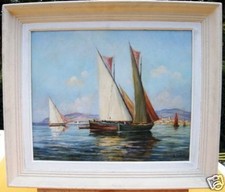 TABLEAU HUILE SUR TOILE VOILIERS BAIE CANNES G.AUBERT