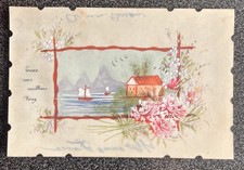 Carte celluloïd peinte motif fleurs paysage bonne Fête Années 1900 1910