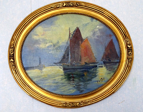 Tableau marine ovale huile - tableau,