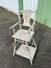 Chaise Haute Ancienne pour Enfant : Bois Peint, Motifs Roses