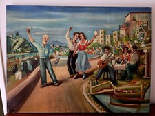 TABLEAU HUILE SUR TOILE SIGNÉ - Fête Village Ou Mariage- Méditerranéen Art Naïf 